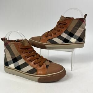 Burberry Kids Sz 2 (33) Nova Check High Top Sneakers Brown Tan Canvas Leather